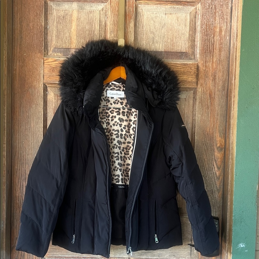 Calvin Klein Down Feathers Women's Black Puffer Coat with Faux Fur Trim